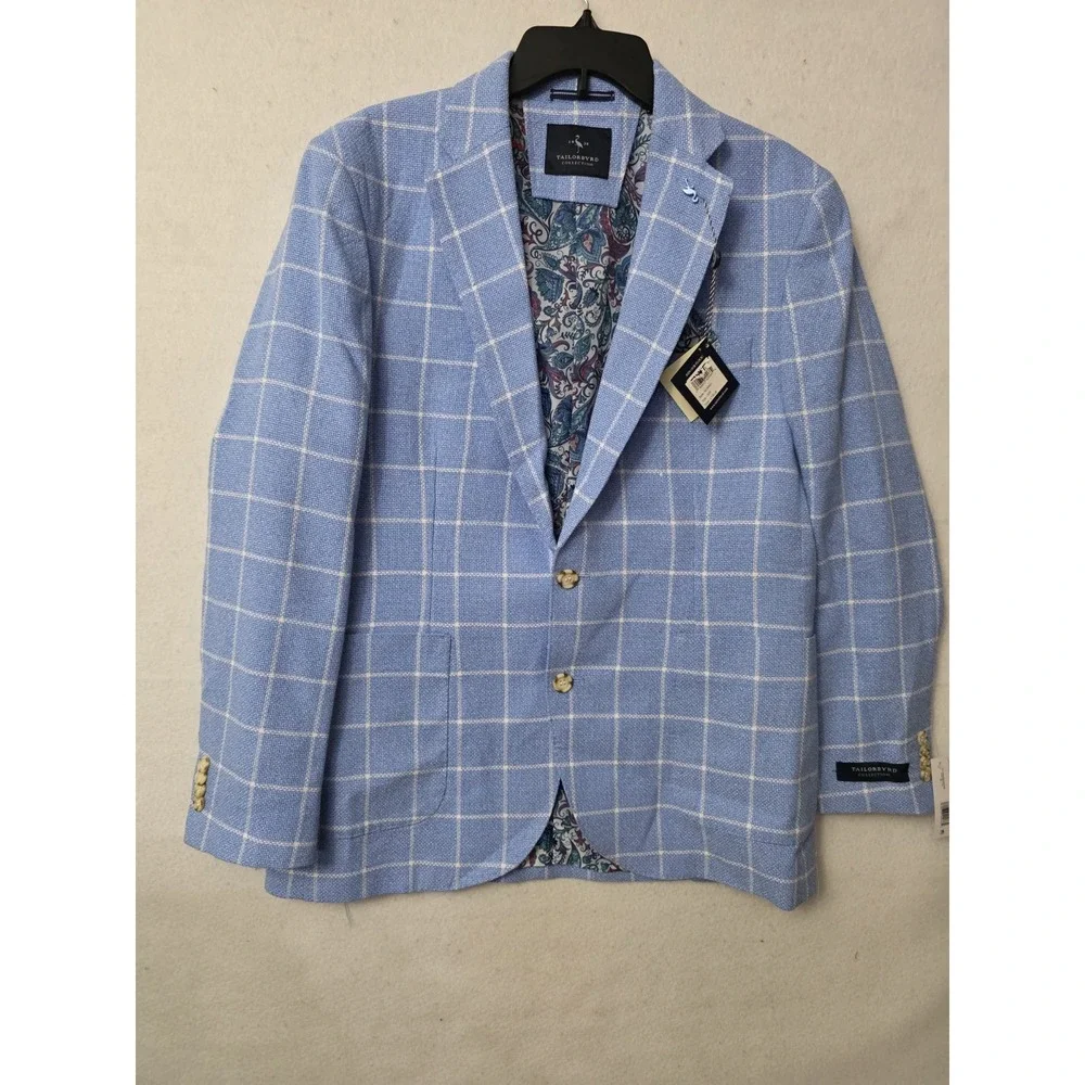Tailorbyrd Mens Sport Coat Windowpane Blue 42R Paisley Lining NWT